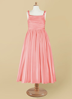 Azazie Cutie Pie Flower Girl Dresses Coral A-Line Pleated Matte Satin Dress image7