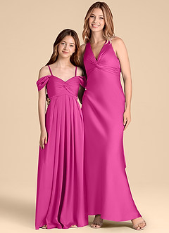 Azazie Kaitlynn Junior Abito A-Line in Raso Elasticizzato a Spalla Scoperta Fucsia image3