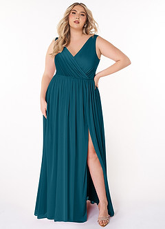 Azazie Tanicia Brautjungfernkleider A-Linie V-Hals Gefaltet Gittergewebe Kleid Tintenblau image5