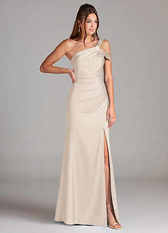 Azazie Wynter Bridesmaid Dresses White Alabaster Sheath Off the Shoulder Stretch Satin Dress image4