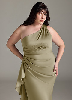 Azazie Latrice Vestidos de damas de honor Vestido de Musgo Verde de Satén Elástico de Corte Recto con Volantes en cascada Un hombro image10