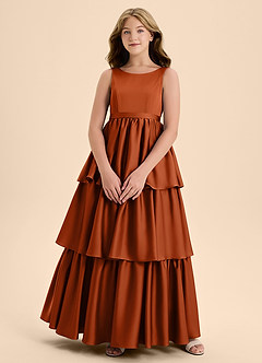Azazie Meadowyn Junior Vestido de Naranja Quemada de Satén Elástico de Corte En A con Lazo image1
