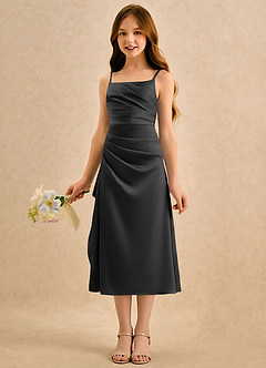 Azazie Canna Girls Formal Blomsterpigekjoler A-Line Plisseret Stræk satin Te-længde Kjole image5