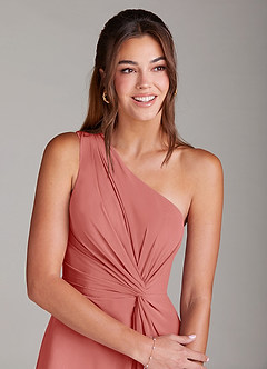 Azazie Brooke Robes de demoiselle d'honneur Robe Trapèze en Mousseline de soie Une épaule Antique Rose image4