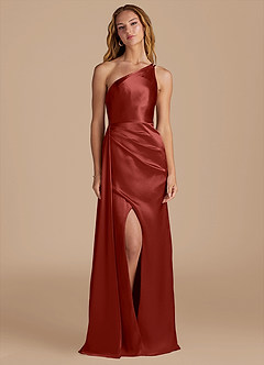 Azazie Maron Final Sale Auburn Sheath One Shoulder Metallic Satin Dress image1