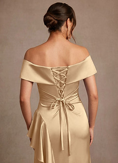 Azazie Kirsty Mother of the Bride Dresses Champagne Sheath Off the Shoulder Stretch Satin Dress image6