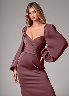 Azazie Sonata Bridesmaid Dresses Sangria Sheath Long Sleeve Stretch Satin Convertible Dress image6