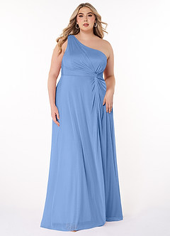 Azazie Brooke Vestidos de damas de honor Vestido de Azul Acero de Malla de Corte En A con Hombro unilateral image6