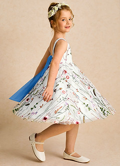 Azazie Peppa vestidos de niña de las flores Vestido de Marfil Azul Pastel de Tul de Corte en A con Escote de Corazón image4