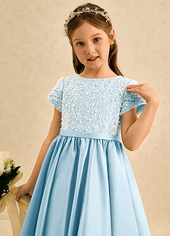 Azazie Cashew Flower Girl Dresses Sky Blue Ball-Gown with Sleeves Matte Satin Dress image6