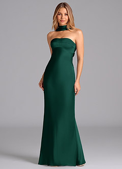 Azazie Lusinda Vestidos de damas de honor Vestido de Esmeralda de Satén Elástico de Corte Sirena con Sin tirantes image4