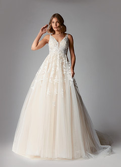 Azazie Sorella At-home Try On Dresses Diamond White Champagne A-Line V-Neck Sequins Tulle Dress image1
