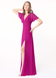 Azazie Kimber Bridesmaid Dresses Fuchsia A-Line Flounce Sleeve Chiffon Dress image6