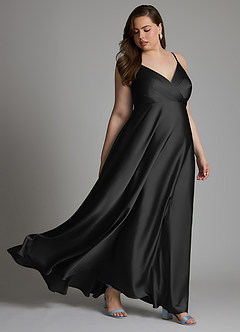 Azazie Amani Vestidos de damas de honor Vestido Negro de Satén Elástico de Línea A con Plisado image9