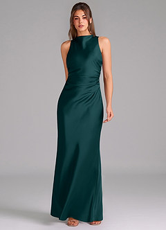 Azazie Evadne Bridesmaid Dresses Pine Sheath Pleated Stretch Satin Dress image3