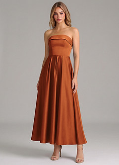 Azazie Lucienne Robes de demoiselle d'honneur Robe Trapèze en Satin extensible Plissée Cannelle image1