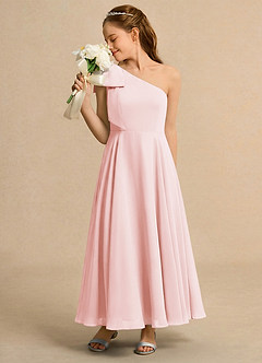 Azazie Guppy Girls Formal Flower Girl Dresses Blushing Pink A-Line One Shoulder Chiffon Dress image5