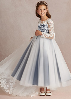 Azazie Elodie Flower Girl Dresses Ivory Dark Navy Ball-Gown Lace Dress image5