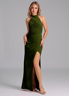 Azazie Jemma Bridesmaid Dresses Olive Sheath Pleated Velvet Dress image1