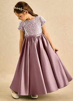 Azazie Cashew Jurken voor bloemenmeisjes Baljurk Jurk van Mat Satijn met Mouwen Stoffige Roos image5