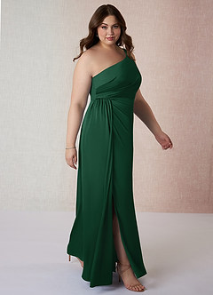 Azazie Mika Vestidos de damas de honor Vestido de Verde Oscuro de Satén Elástico de Corte Recto con Hombro unilateral image10