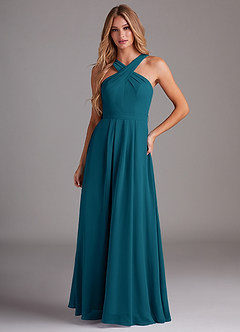 Azazie Dixie Bridesmaid Dresses Ink Blue A-Line Halter Pleated Chiffon Dress image1
