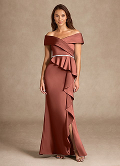 Azazie Dareia Mère de la mariée Robes Robe Sirène en Satin extensible Épaule décolletée Auburn image3