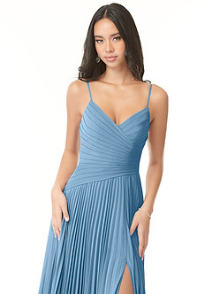 Azazie Vini Bridesmaid Dresses Steel Blue A-Line V-Neck Pleated Chiffon Dress image6