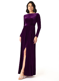 Azazie Brynn Bridesmaid Dresses Grape A-Line Long Sleeve Velvet Dress image2