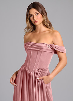 Azazie Hattie Robes de demoiselle d'honneur Robe Trapèze en velours Rayé Rose Poussiéreuse image2