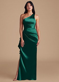 Azazie Latrice Bridesmaid Dresses Emerald Sheath One Shoulder Metallic Satin Dress image2
