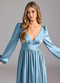 Azazie Norah Bridesmaid Dresses Steel Blue A-Line Stretch Satin Dress image5