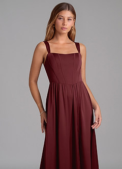 Azazie Rosaline Bridesmaid Dresses Cabernet A-Line Side Slit Stretch Satin Dress image6