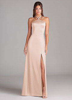 Azazie Elliana Bridesmaid Dresses Blushing Pink A-Line Side Slit Stretch Satin Dress image5