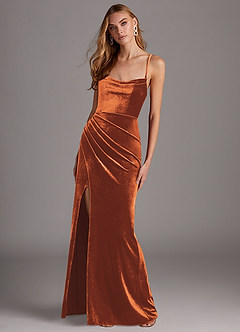 Azazie Kindness Vestidos de damas de honor Vestido de Naranja Quemada de terciopelo de Corte Recto con Cuello V Corsé image3