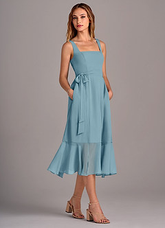 Azazie Deb Brautjungfernkleider Wandelbar A-Linie mit Taschen Chiffon Kleid Stimmungsvolles Blau image3