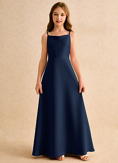Azazie Joella Girls Formal Flower Girl Dresses Dark Navy A-Line Pleated Matte Satin Dress image5