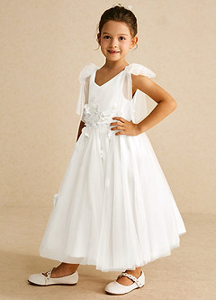 Azazie Minia Flower Girl Dresses Ivory A-Line Bow Matte Satin Dress image5