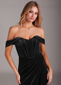 Azazie Jas Bridesmaid Dresses Black Sheath Off-The-Shoulder Corset Velvet Convertible Dress image5