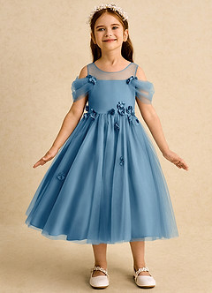 Azazie Juni Flower Girl Dresses Steel Blue Ball-Gown Pleated Tulle Dress image4