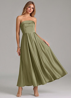 Azazie Lucienne 신부 들러리 드레스 A라인 주름진 스트레치 새틴 발목 길이 드레스 image7