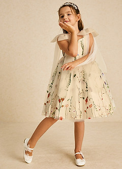 Azazie Prunella Flower Girl Dresses Classic Champagne A-Line Lace Tulle Dress image4