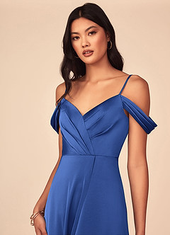 Azazie Ocean Bridesmaid Dresses Royal Blue A-Line V-Neck Pleated Stretch Satin Dress image2