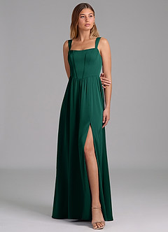 Azazie Rosaline Bridesmaid Dresses Emerald A-Line Side Slit Stretch Satin Dress image4