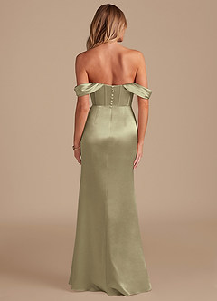 Azazie Asha Robes de demoiselle d'honneur Robe Fourreau en Satiné métallisé Épaule décolletée Vert Mousse image7