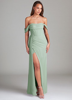 Azazie Amyra Bridesmaid Dresses Agave Sheath Off the Shoulder Chiffon Convertible Dress image3