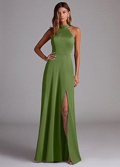 Azazie Myra Bridesmaid Dresses Juniper A-Line Side Slit Stretch Satin Dress image1