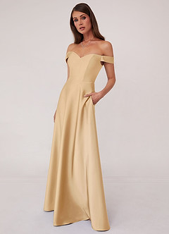 Barbie ♥ Azazie Bridesmaid Dresses Gold A-Line Off the Shoulder Stretch Satin Convertible Dress image4