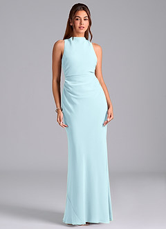 Azazie Evadne Bridesmaid Dresses Cloud Blue Sheath Pleated Chiffon Dress image3