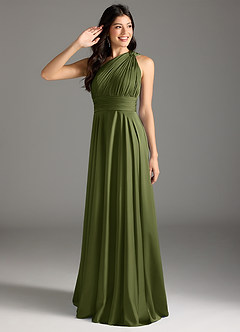 Azazie Charlize Robes de demoiselle d'honneur Robe Trapèze en Satin extensible Asymétrique Olive image9
